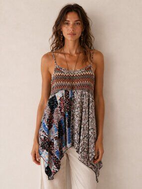 EASEL Boho Mixed Media Tank Top Flowy Handkerchief Hem Hippie Chic Festival S